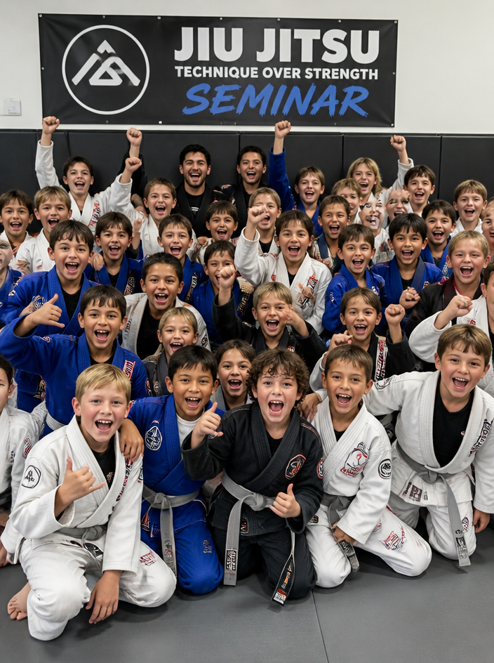 Group of kids cheering at a jiujitsu seminar